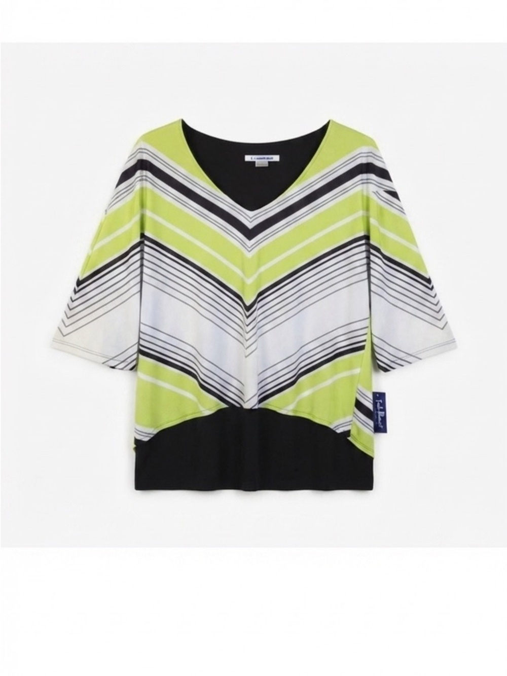 Peter Nygard Lime, Black and White Chevron V-Neck Short Sleeve Top